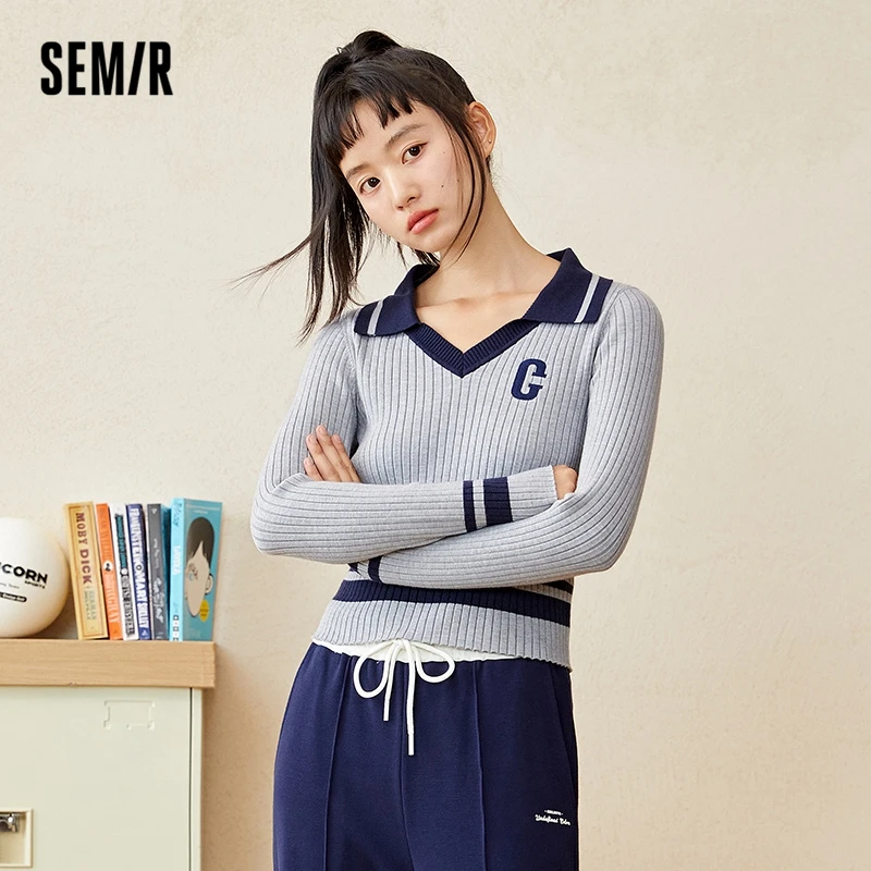 Semir 2023 Women Sweater Tight-Fitting Pullover New Autumn Small Man Hit Color Sweater Retro Casual Style Sweater for Women