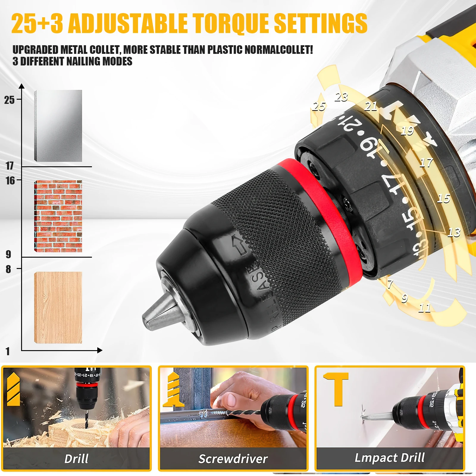 Taladro Inalámbrico de 21V, Kit de 120 Piezas, Mandril Metálico sin Llave de 3/8", Embrague de Impacto 25+3, Torque Máximo de 45Nm, Caja de