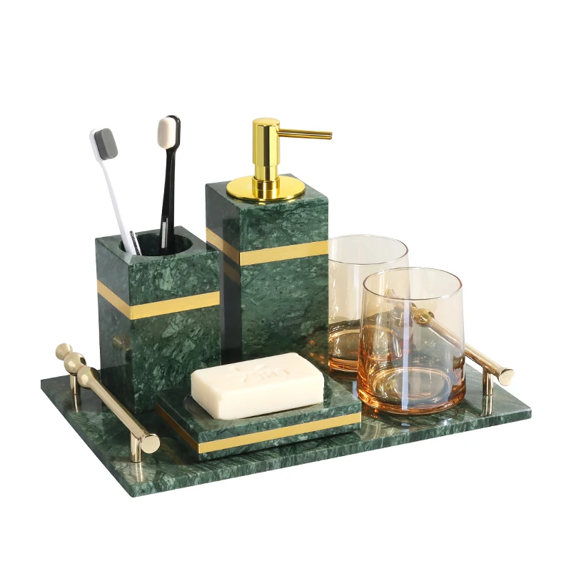 Indian Green Natural Marble Bathroom Accessories Luxury Gold Soap Dispenser Soap Dish Toothbrush Holder Bathroom Set