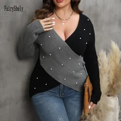 2025 Patchwork sweter Plus Size damski koraliki krzyż duży sweter damski zimowy luźny sweter Oversize duże koszulki krzyżowa dzianina