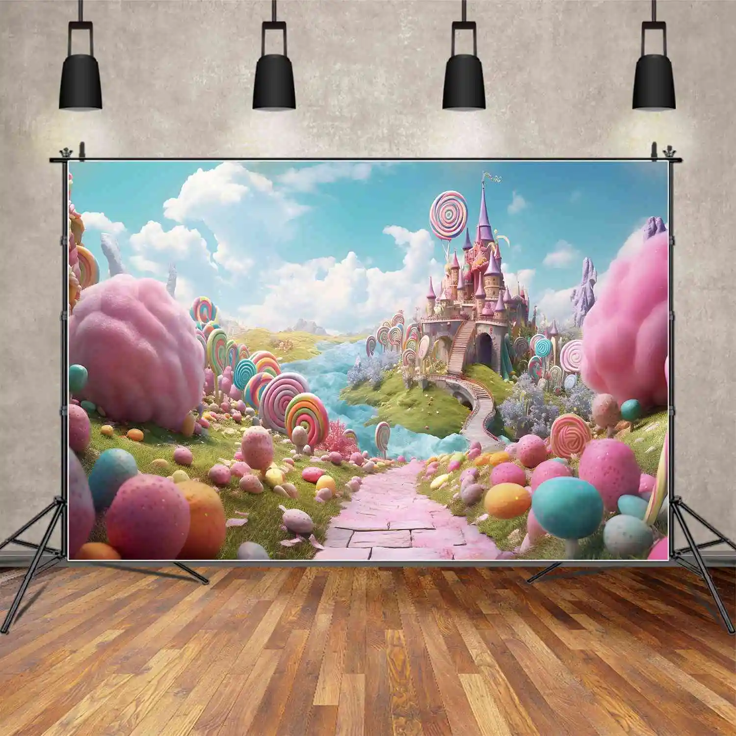 Moon.qg-子供のための誕生日の背景,川の城,キャンディーランド,誕生日の背景,緑の草,ロリポップフォトブース