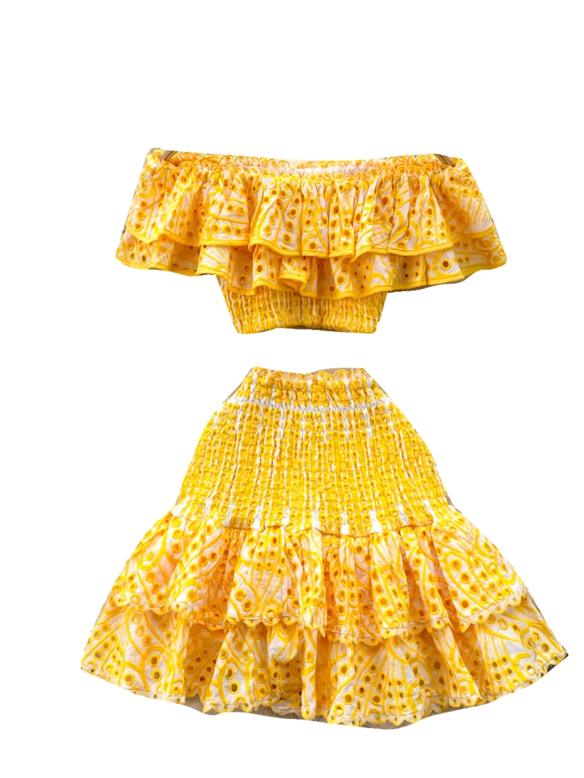 طقم نسائي أنيق مطرز بتطريز كثيف ومجوف بتصميم عطلة، يتكون من بلوزة قصيرة وتنورة نصف طول، بدلة من قطعتين عصرية