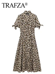 TRAFZA Women Vintage Leopard Print Shirt Dress With Belt Short Sleeve Long Dresses Female Fashion Y2K High Street Vestidos Mujer