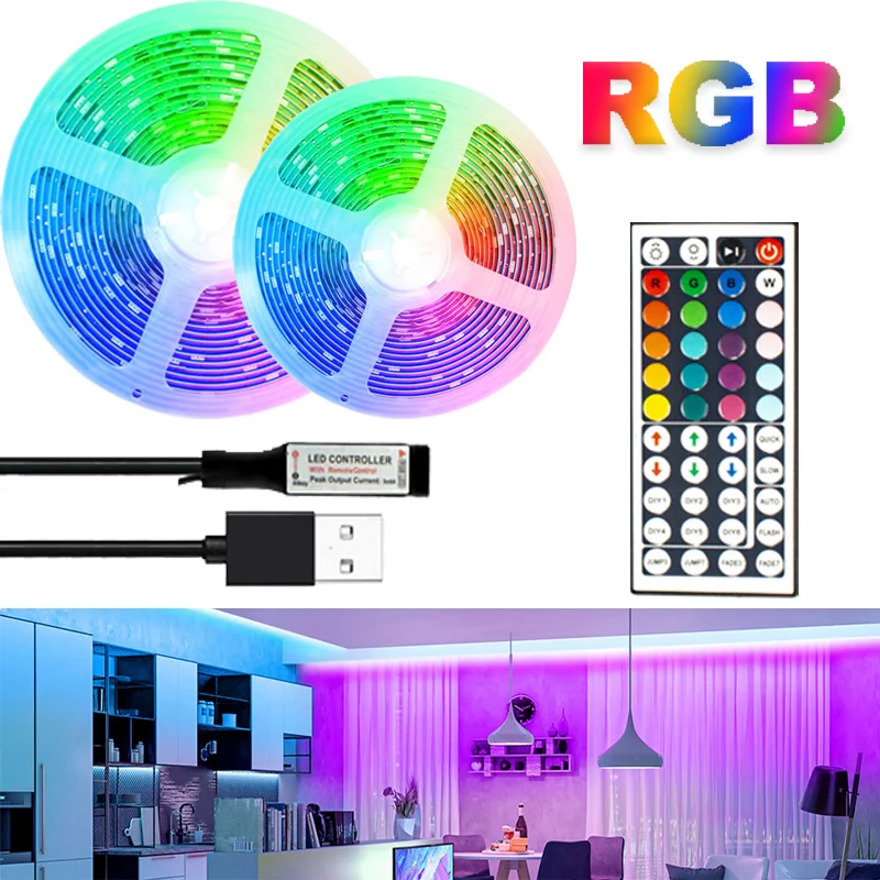 5050 RGB LED Light Strip with 44 Key Remote Controller Color Changing Light Strips for Ceiling Bar Counter Cabinet Decoration