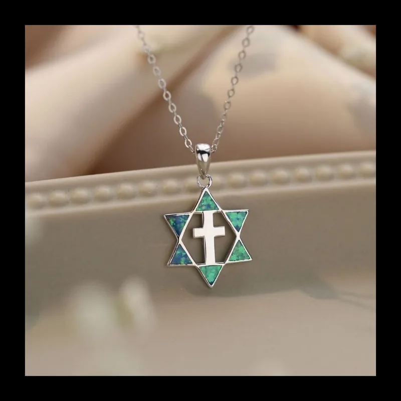 الأزرق أوبال S925 الفضة السداسية الصليب قلادة الأزياء والمجوهرات الاتجاه تنوعا #1