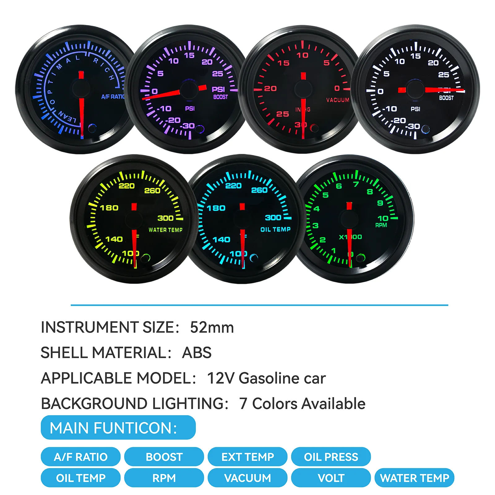 

Dofi 2" 52mm 7 Colors LED Dual Display Boost Water Oil Temp Oil Pressure Voltmeter Air Fuel Ratio EGT Tachometer Car Gauge