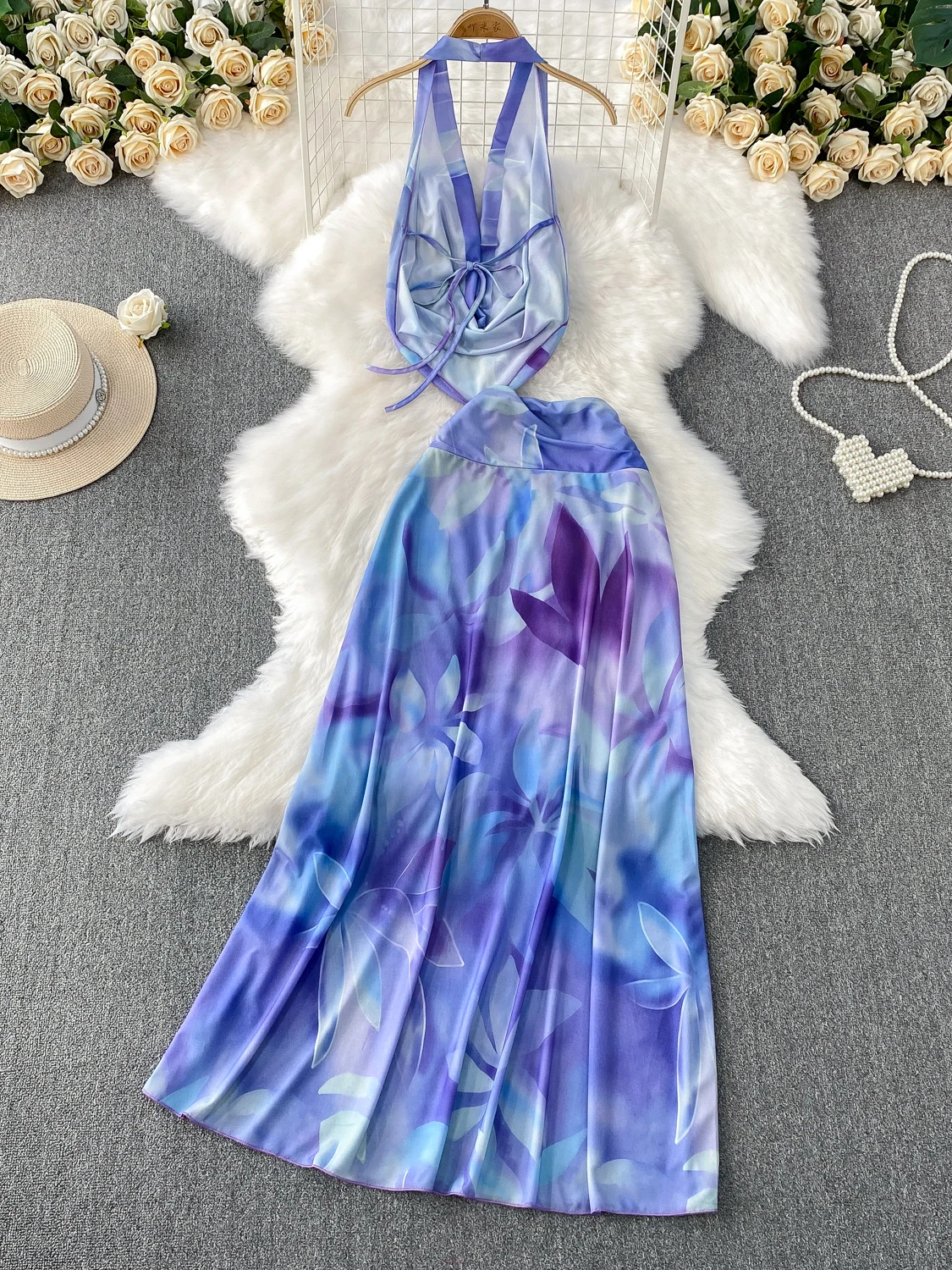 Foamlina Urlaubsatmosphäre am Meer, weiblich, elegant, Schnürhalter, sexy, tiefer V-Ausschnitt, Neckholder-Top, Weste + langer Rock, 2-teiliger Anzug