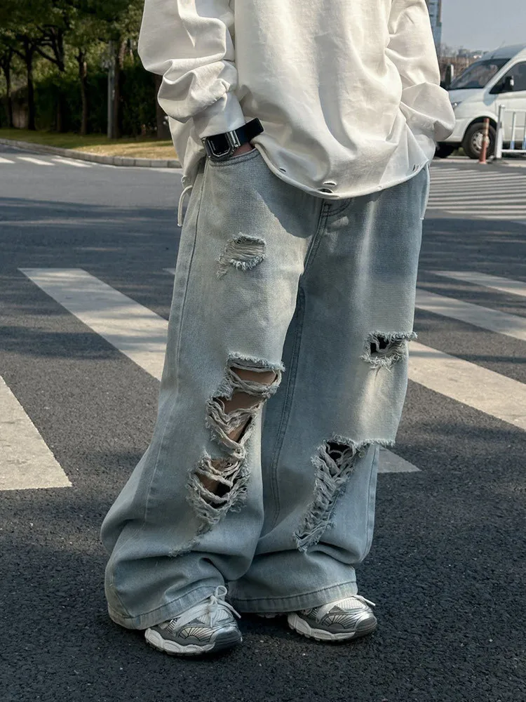 Children's Ripped Hole Pants Spring Autumn Boys Denim Pants Children's Wide-Leg Trousers Fashion StreetWear Boys Jeans 2-8 Years
