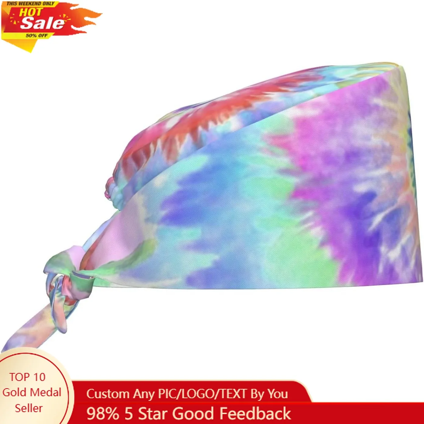 

Tie Dye Rainbow Working Cap Scrub Cap with Sweatband Adjustable Unisex Women Tie Back Hat Nurse Doctor Surgical Caps