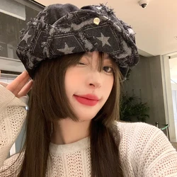 Y2k Rough Edge Star Design Denim Berets Caps Showing Face Small Spring and Autumn Ins New Korean Niche Retro Women's Hats