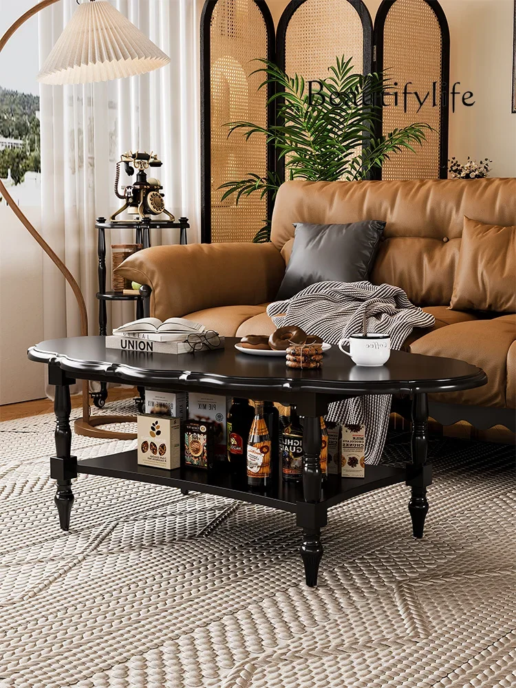 French Retro Solid Wood Double-Layer Coffee Table Living Room New Design High-Grade Artistic Petal Low Table