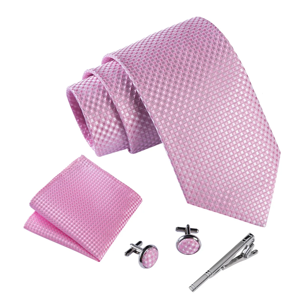 

Men Baby Pink Checked Hombre Necktie Sets with Hankie Metal Cufflinks Clip Set Shirt Accessories Fit Wedding Performance Tie