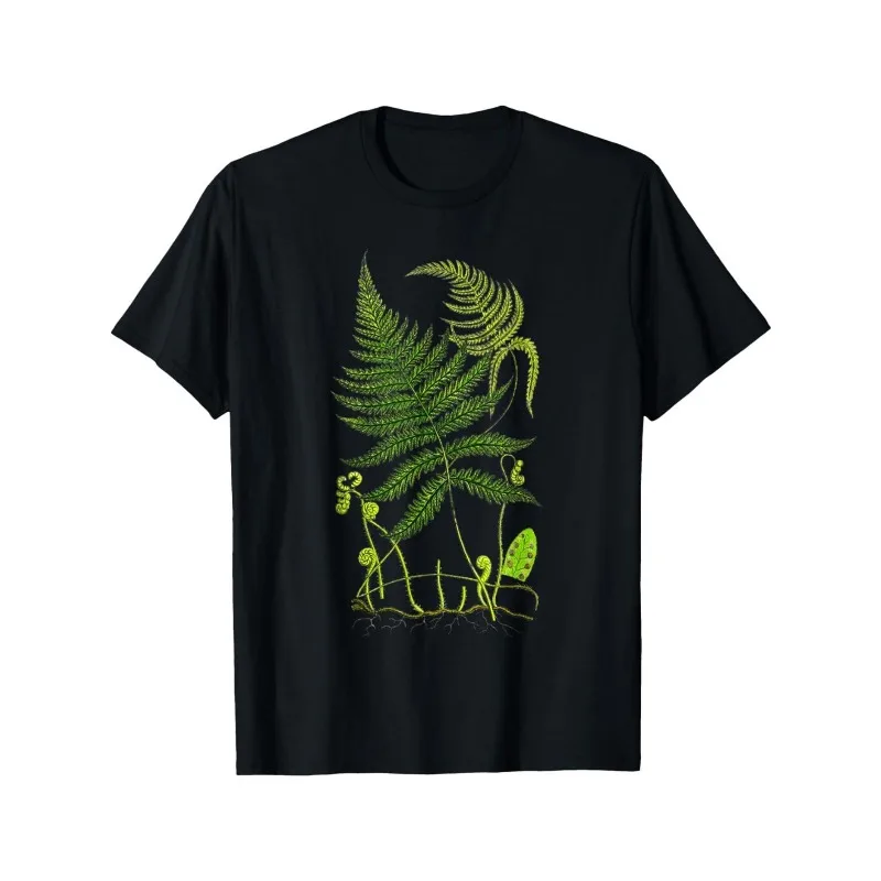 Men's Black T-shirt with Green Fern Plant Pattern Men's T-shirt New High Street Style Casual Unisex