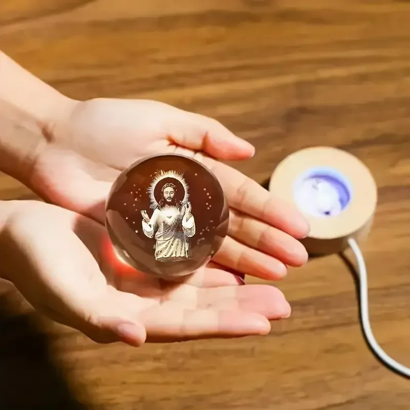 1pc, Halo Jesus Crystal Ball Nightlight, Birthday Gift Glass Ball, Wooden Base Home Lamp Decoration, Graduation Gift