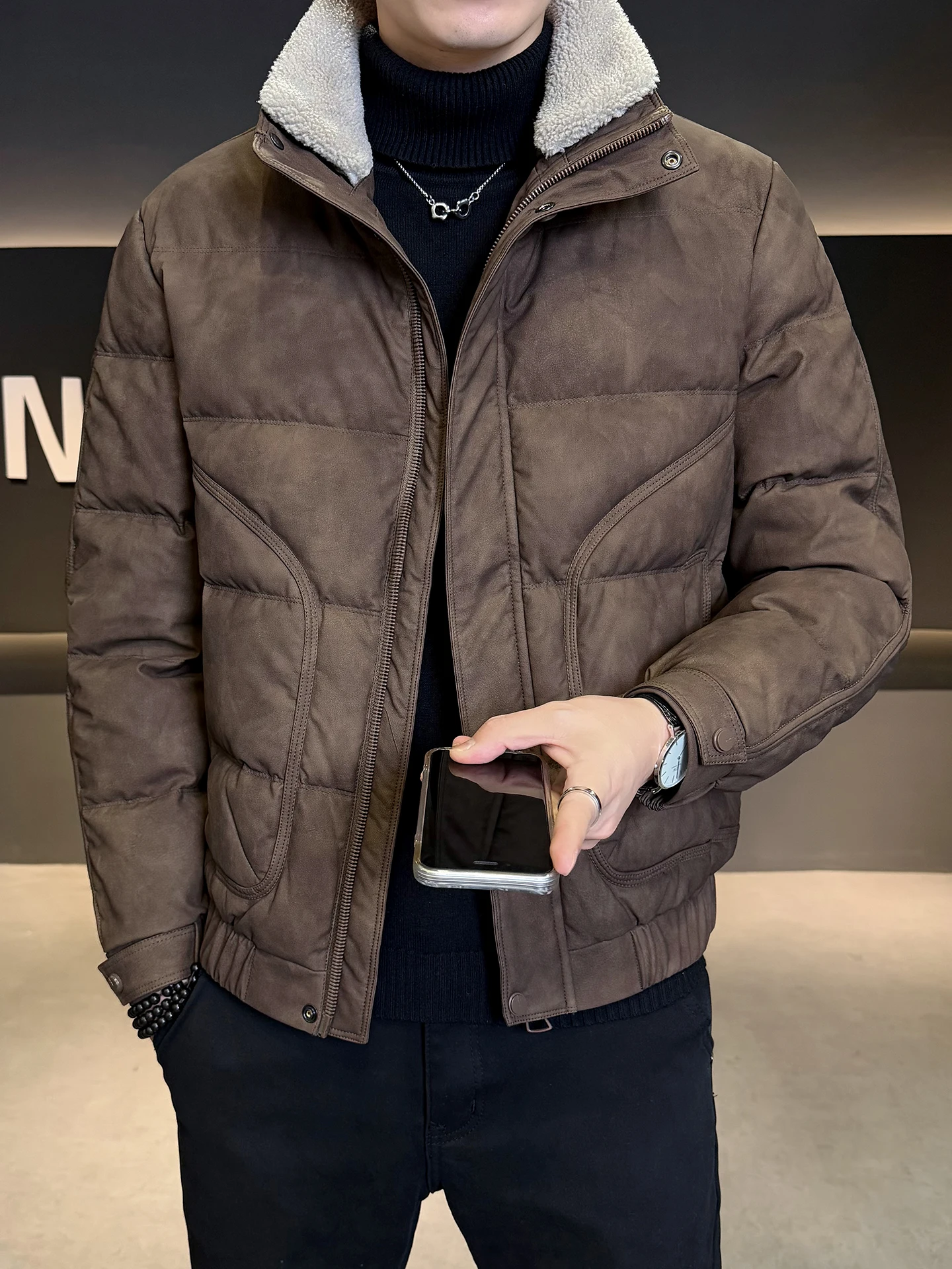 انفصال الفراء طوق الجلود أسفل Jaet الرجال الشتاء Faion العلامة التجارية 2025 جديد دافئ الرجعية ort معطف م مبطن سترة