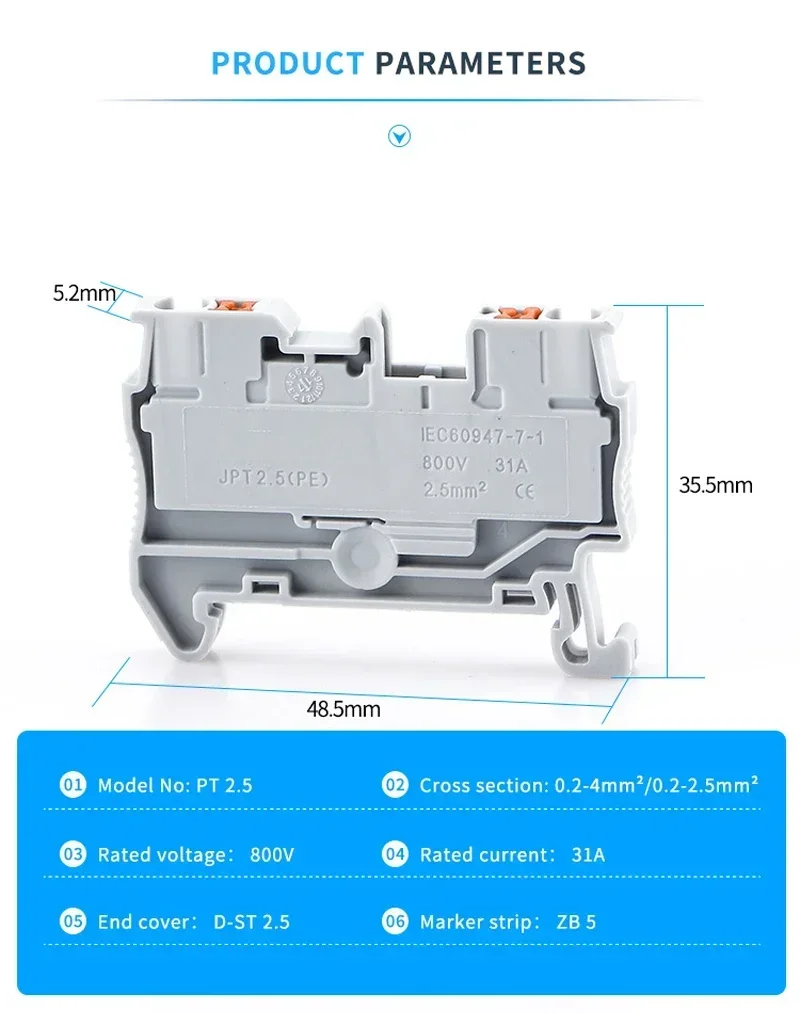 10Pcs Din Rail Terminal Block PT-2.5 Push In Terminal Connector Spring Screwless Electrical Wire Conductor Terminal Block PT2.5