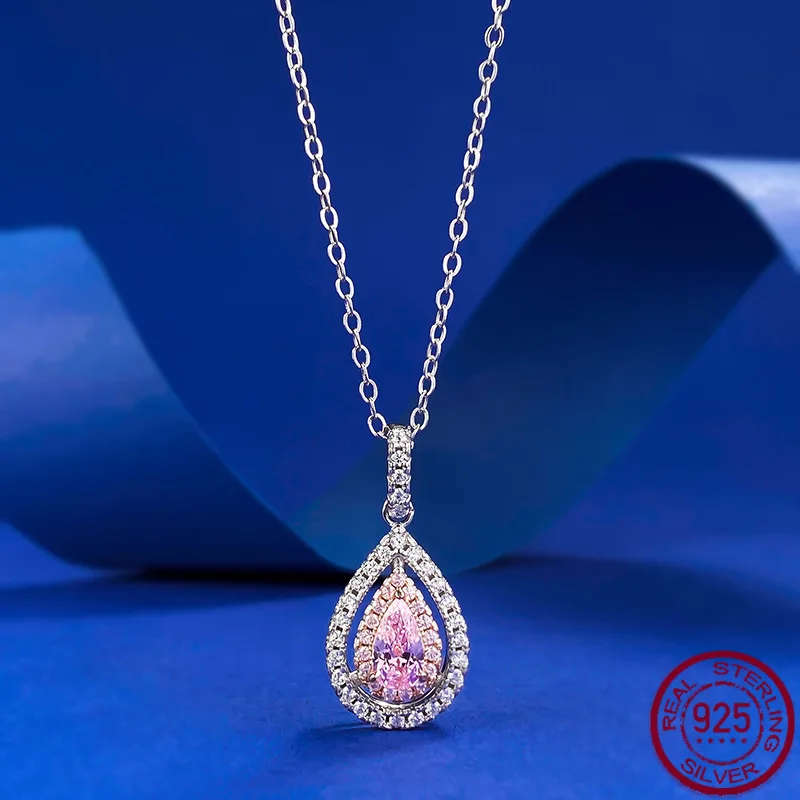 

New Pear shaped Pink Diamond 4 * 7mm Pendant with Diamond Set 925 Silver Necklace INS Elegant Qing New Wedding Jewelry