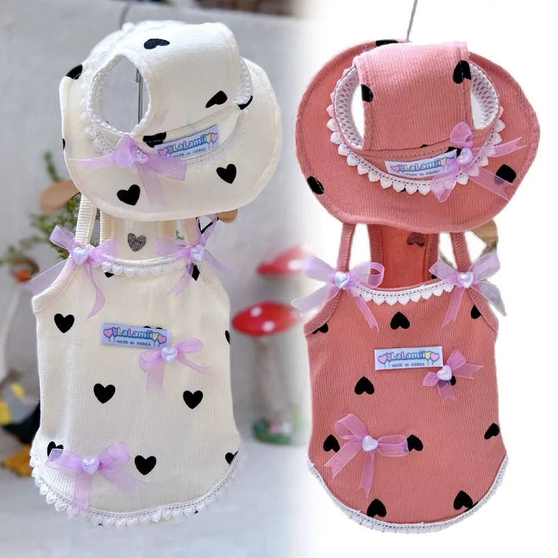 

New Spring INS Style Cute Heart Lace Pet Outfit Set, Dog Dress & Sun Hat Set for Small Dogs