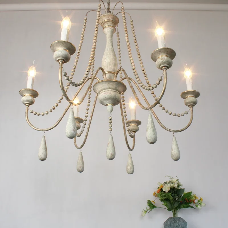 American Beaded Wood Pendent Lamps Creative Living Dining Room Villa Candle Chandelier Rural French Lighting Bedroom Iron Lamp