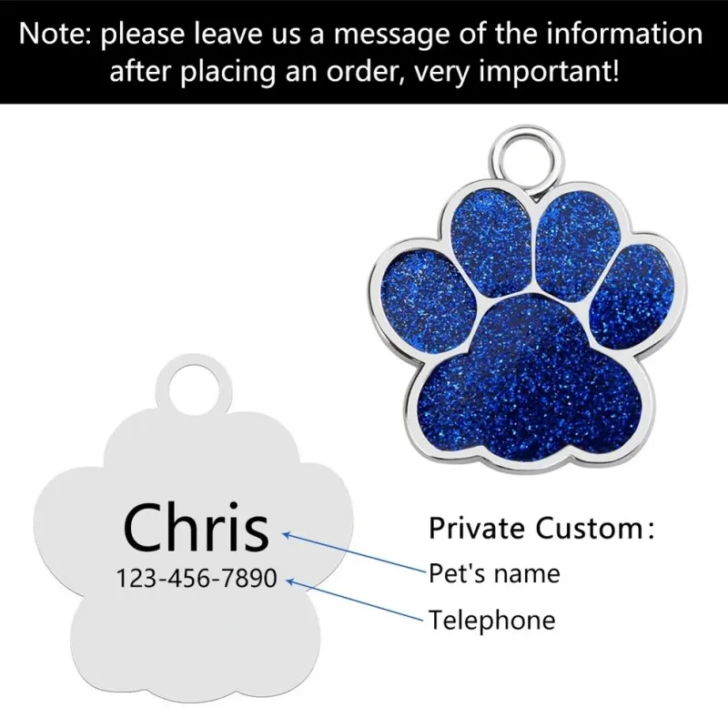 Personalized Dog Cat CustomTags Engraved Puppy Pet ID Name Collar  Tag Stainless Steel Paw Glitter Pendant Pets Dogs Accessories