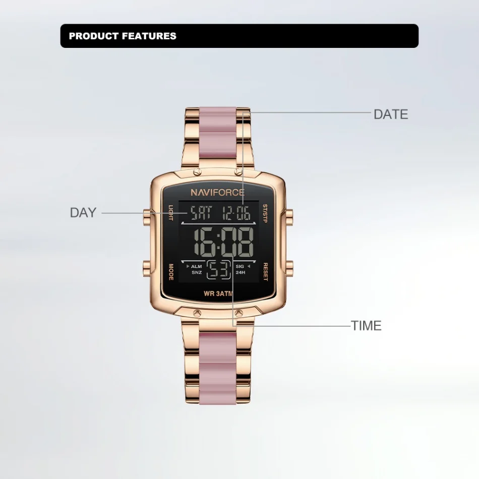 

【Распродажа】NAVIFORCE женские часы со светодиодным цифровым дисплеем из нержавеющей стали водонепроницаемые спортивные модные женские наручные часы в подарок