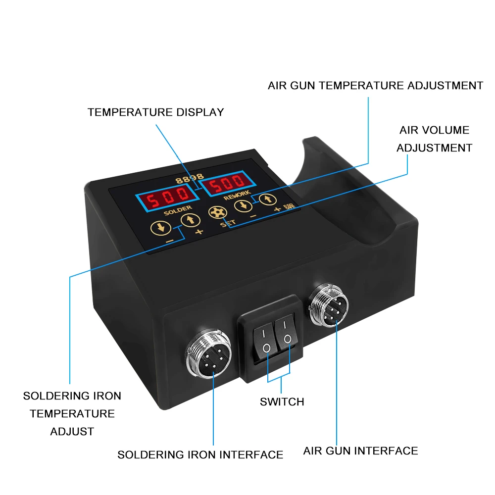 8898 SMD Rework Soldering Station 2 in 1 Soldering Iron Portable Hot Air Gun Blower Heat Gun Desoldering VS 8586D 8586 Welding