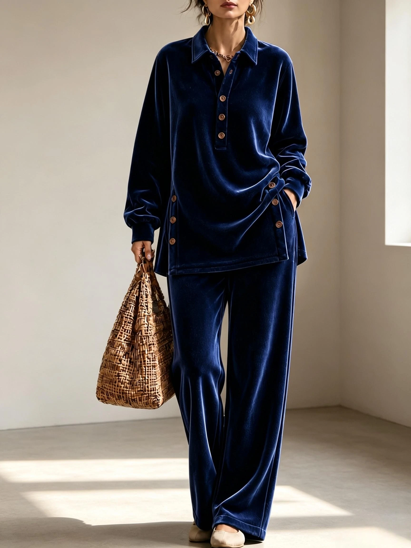 Women Velvet 2‑Piece Set Lapel Collar Button Long Sleeve Blouse Wide Leg Pants Loose Casual Side Buttons Decor Daily Outfit