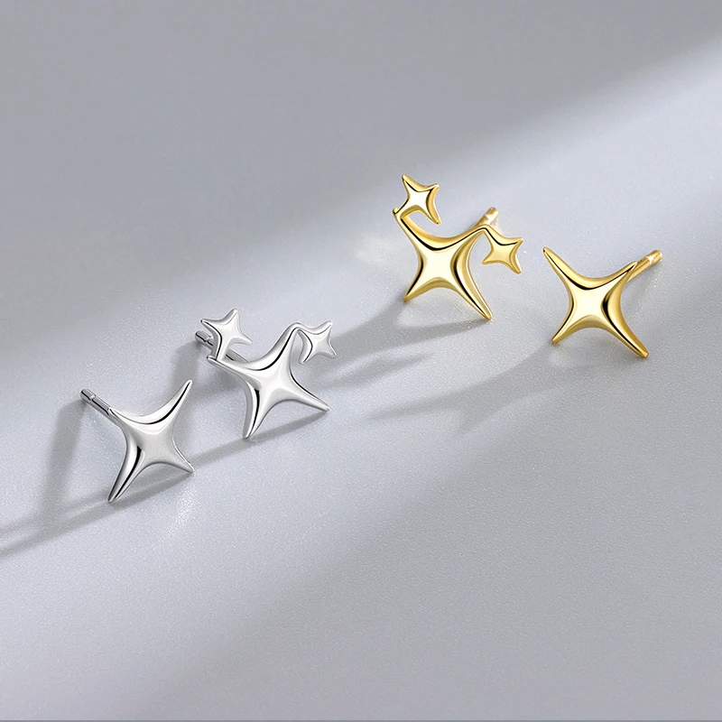 S925 Silver Needle Gold Color Star Small Stud Earrings For Women Girl Korean Tiny Asymmetry Cross Earring Summer Jewelry Gift