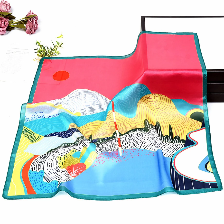 53cm Spring Silk Scarves Women Hand Painted Mountains And Rivers Summer Square Scarf Kerchief Brand Neckerchief For Ladies