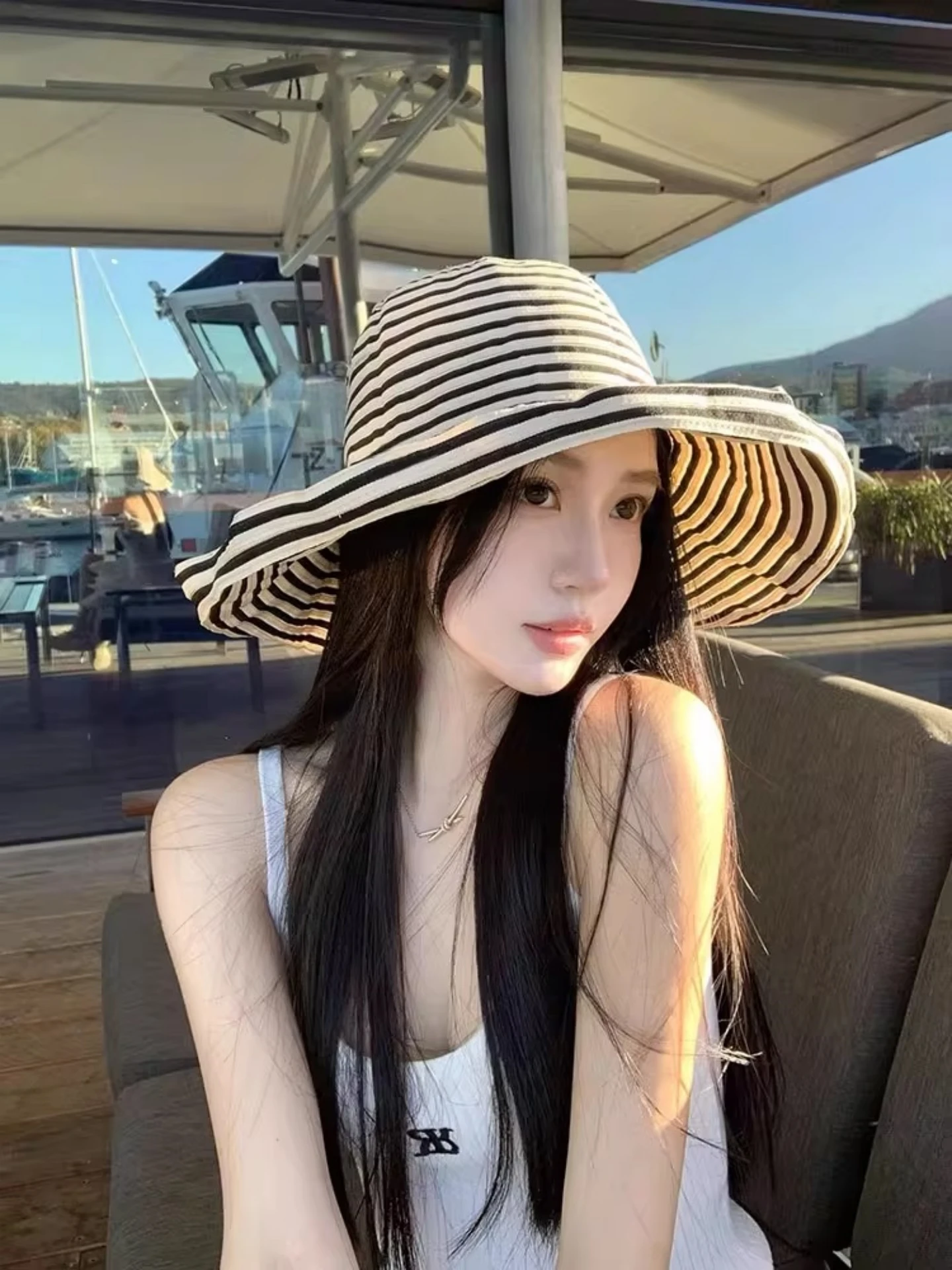 Korean Style Large Brim Straw Boater Hat Women's Summer Vacation Sunshade UV Protection Sun Hat Casual Plaid Pattern