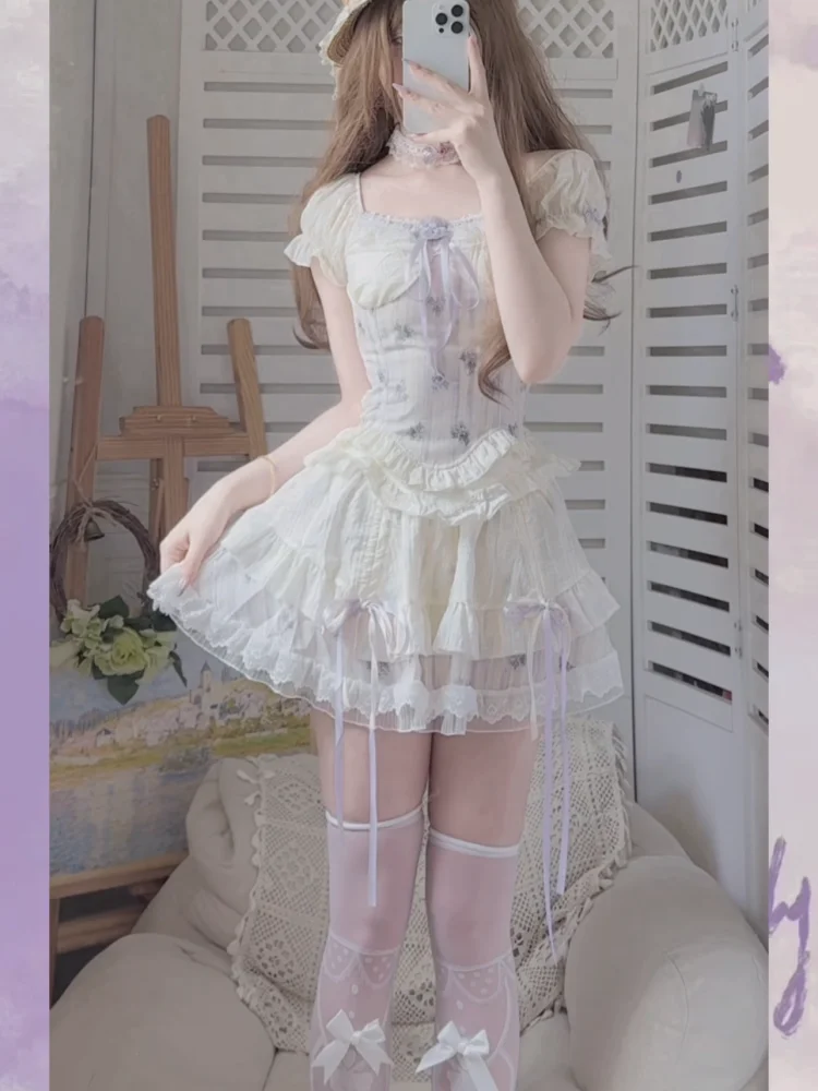 サマースイートカワイイツーピースセット レディース Y2Kデザイン 半袖プリントトップス + リボンミニスカート ファッション 女性 韓国風シックなアウトフィット 新作