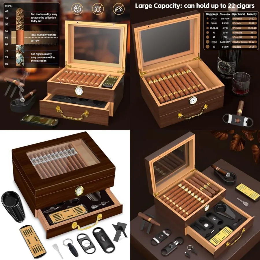 

Spanish Cedar Box with Accessories and Humidifier - Glass Cover and Storage Drawer - Desktop Cigar Holder for Men - Portable Tr