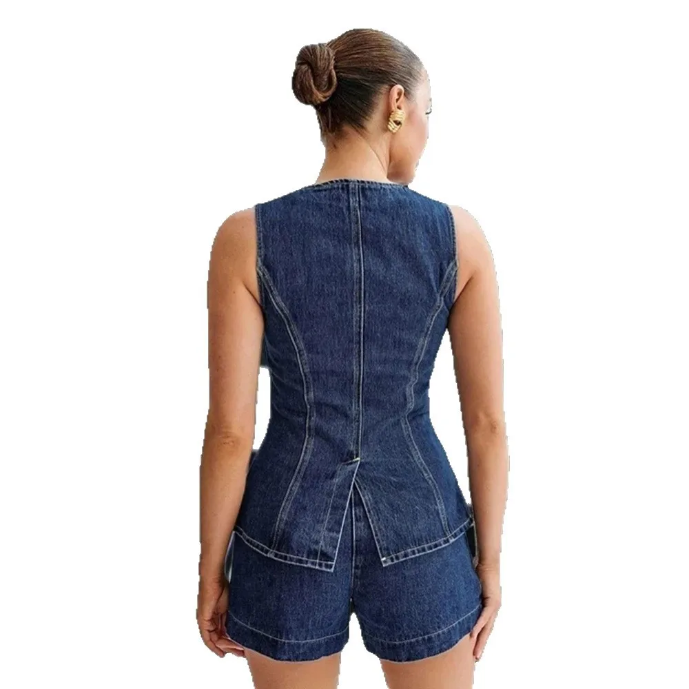 Faionable Women's Denim Svel Top And orts Set Summer New Arrival Cotton Casual Sle Five-Quarter Pants  Color