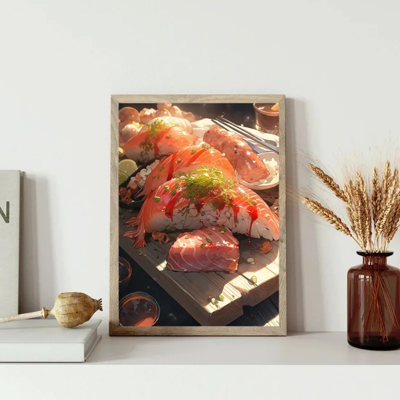 Japanese Cuisine Sushi Poster Salmon Fresh Shrimp Comic Prints Canvas Painting Wall Art Pictures Restaurant Room Home Decoration