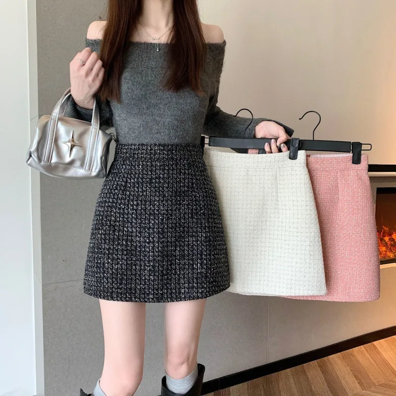 

Mini Tweed Skirt Cake Solid Color Korean Style A-line Skirts Ruffles Casual Faldas Ajustadas Jupe Autumn