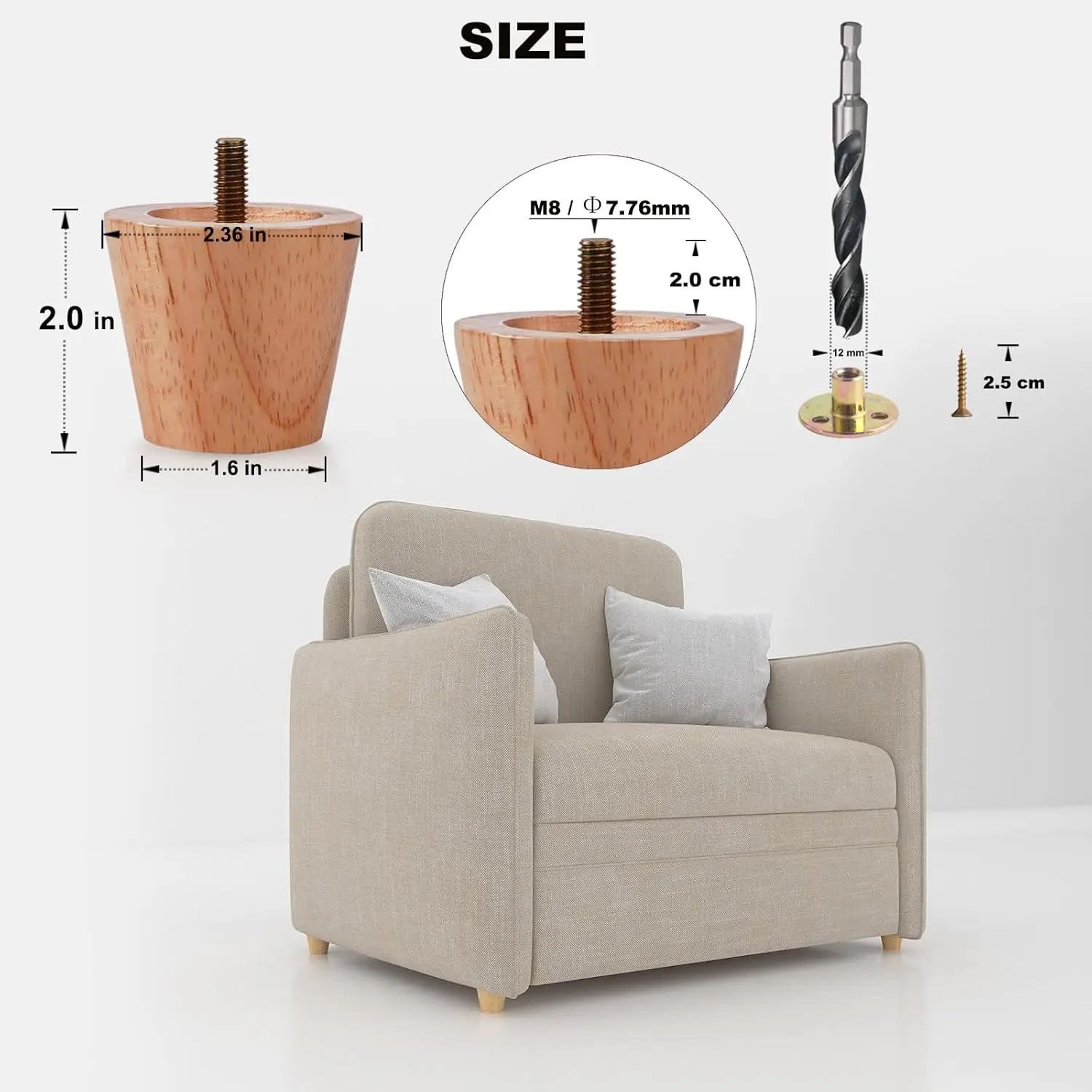 Kaki Meja Kayu Generik 2 Inci, Kaki Sofa, Paket 4 Kaki Bulat, Pengganti Kaki untuk Meja Kopi, Lemari, Sofa