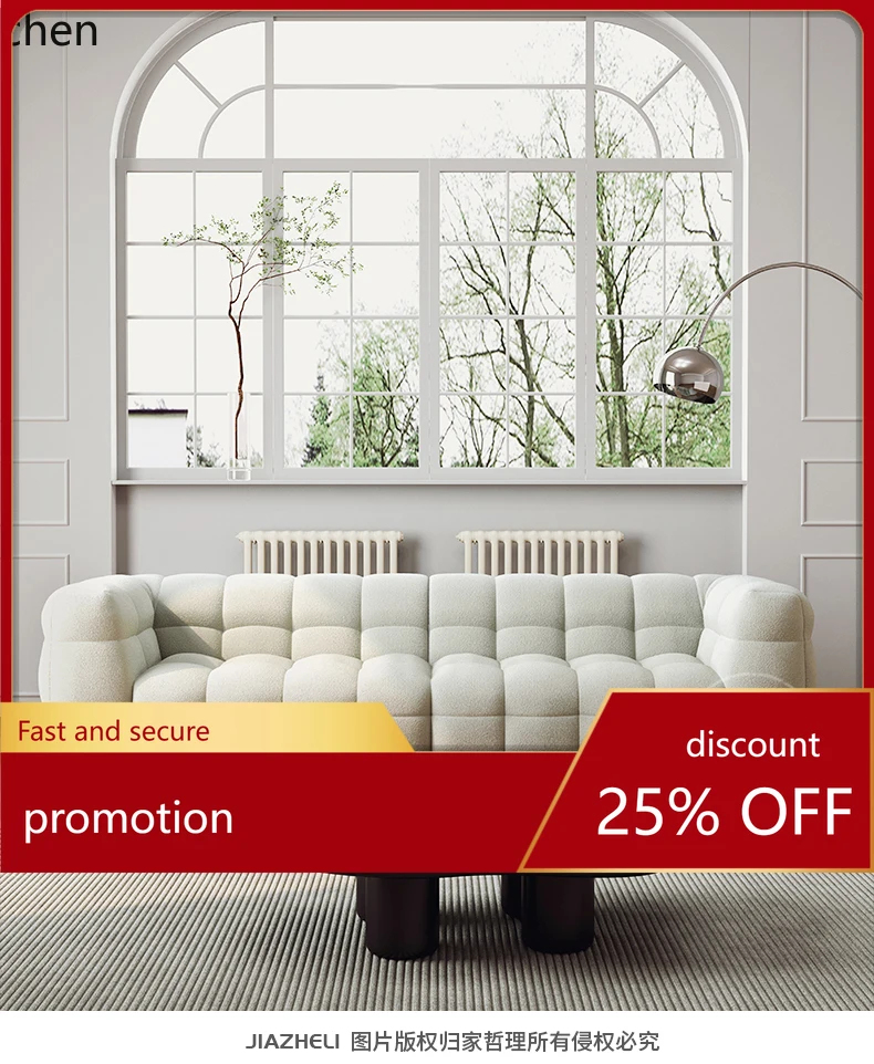 

HXL Cream Style Fabric Sofa Living Room Straight Row Lamb Wool Sofa