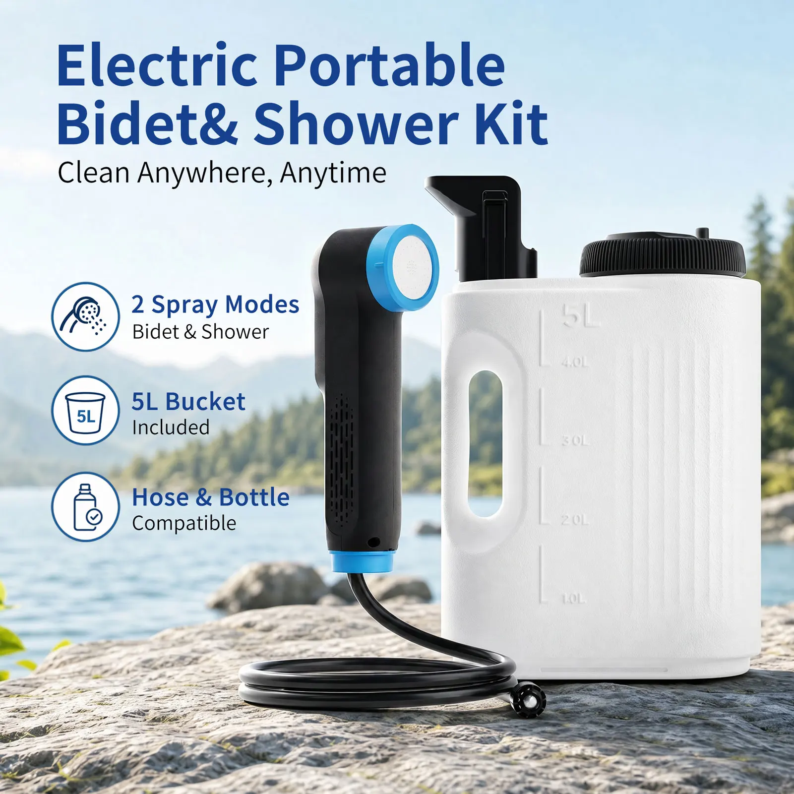 MintLeaf Electric Portable Bidet 5L Hard Bucket Set Rechargeable Travel Bidet Sprayer Camping Shower for Toilet RV & Pet Washing