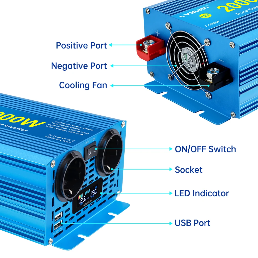 Pure Sine Wave Inverter 4000W Power DC 12V 24V To AC 220V Voltage 50/60HZ Converter Solar Car Inverter With LED