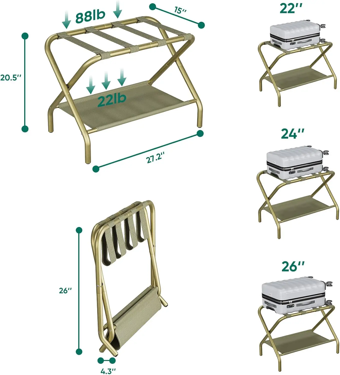 Foldable Luggage Rack with Storage Shelf, Sturdy Iron Frame and Nylon Straps for Bedroom Hotel Use