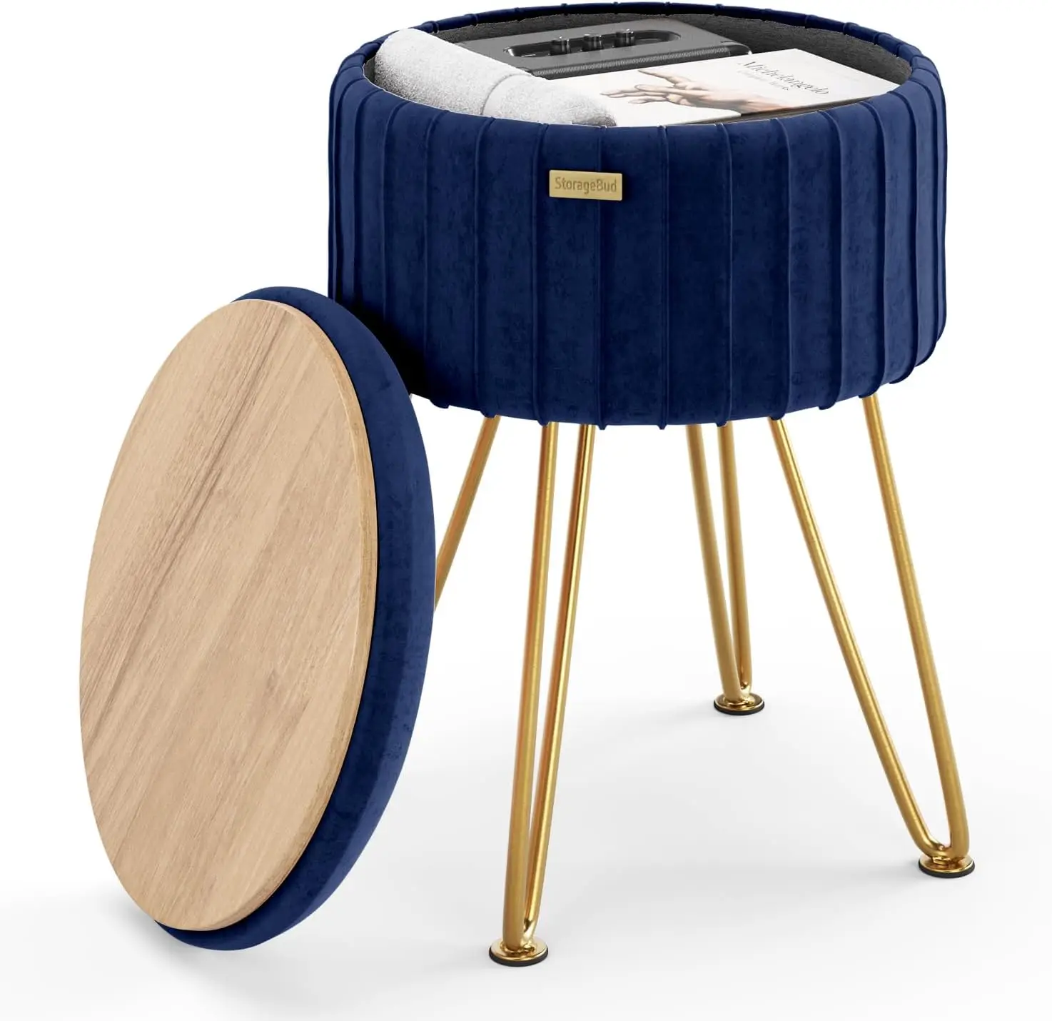 Round Velvet Storage Ottoman with Dual-Sided Lid, Blue Foot Stool for Living Room and Bedroom