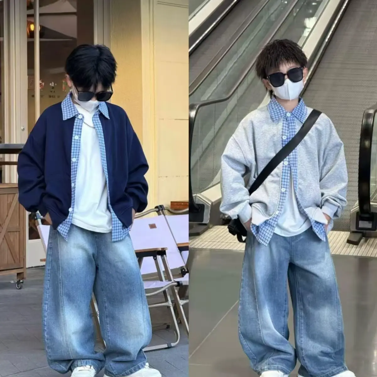 Children's Autumn Fake Two-piece Jacket Casual Layered Top For Adults Boys' Curved Knife Jeans Two-piece Set Trendy
