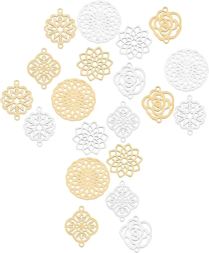 

20Pcs Flower of Life Connectors Filigree Wrap Charms Stainless Steel Flat Round Filigree Joiners Links Jewelry Findings