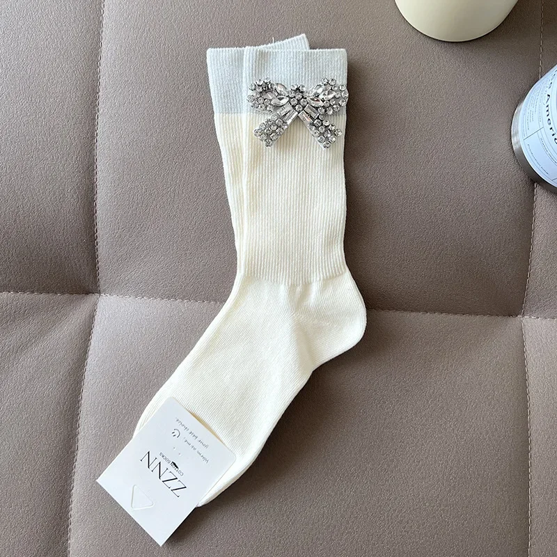 Bow Tie Crystal Rhinestone Charm Slouch Junk Socks Women