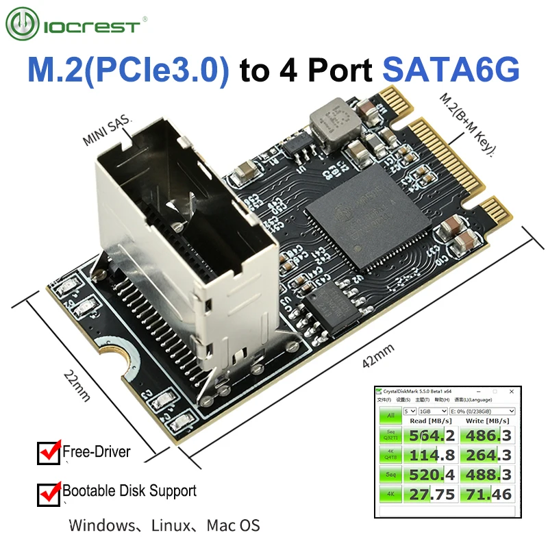 

IOCREST M.2 PCIe3.0 x2 to 4 Ports SATA 6G Multiplier Controller Card B M key NGFF with Mini SAS 8087 to 4 SATA Cable JMB585 Chip