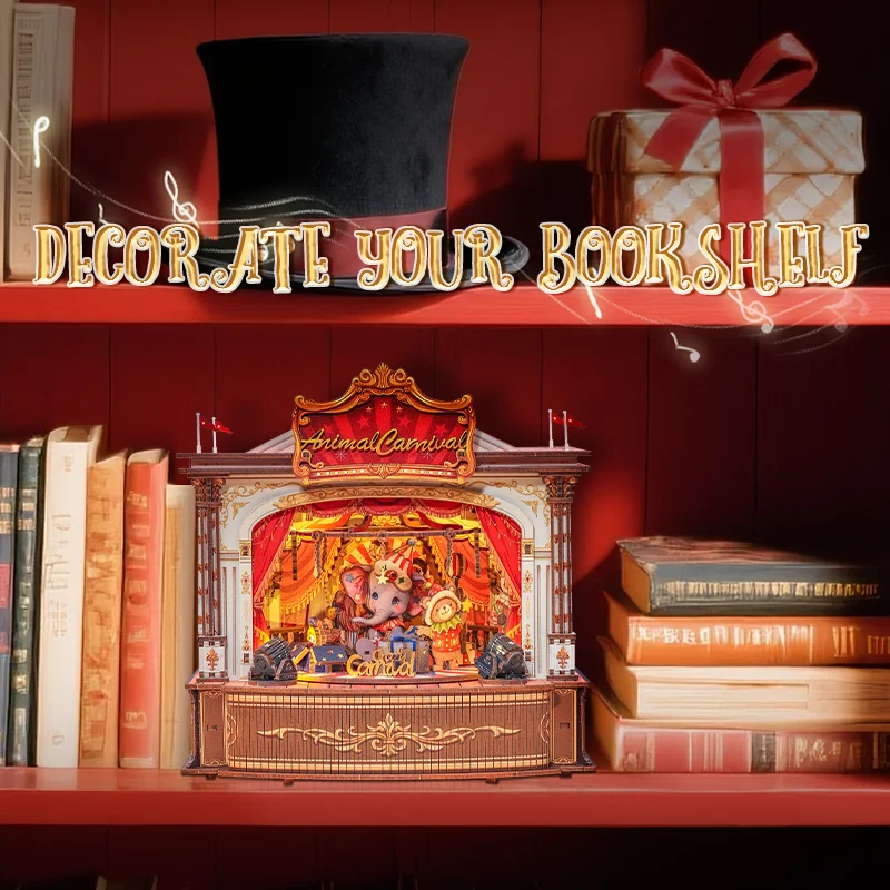 CUTEBEE DIY Miniatur-Haus-Set, Spieluhr aus Holz, handgefertigt, Puppenhaus, Tier, Karneval, für Bücherregal, Einsatz, Heimdekoration