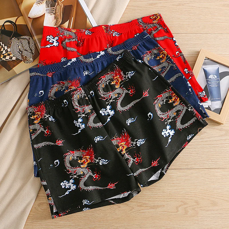 Dragon Print Men Breathable Comfortable Panties Sleepwear Soft Cotton Arrow Pants Homewear Underwear Loose Workout Boxer Shorts