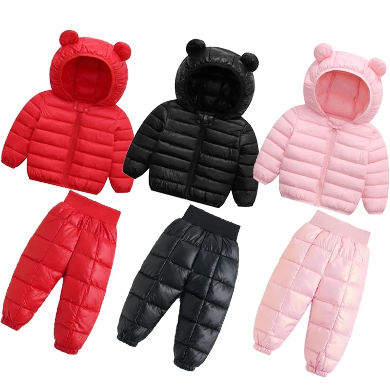 Toddler Winter Baby Girls Boys Warm Faux Down Hoody Jacket Coat Clothes Sets Children Kids Snowsuit Outerwear Pants Overalls