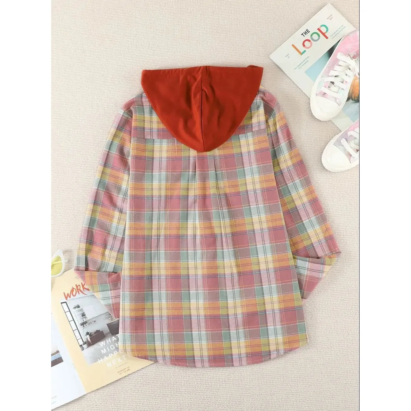 Felpa da donna con colletto scozzese autunnale con cappuccio e top in maglia di lino alla moda Dstring per abbigliamento casual da donna