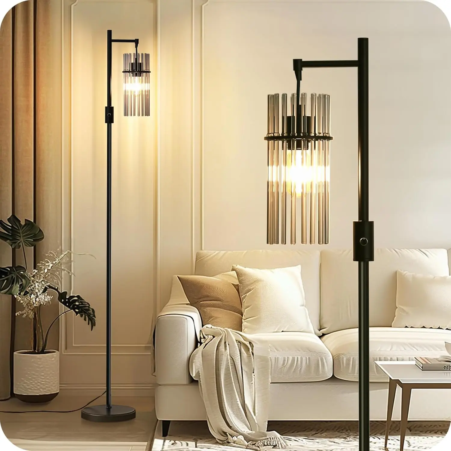 

Dimmer Floor Lamp for Living Room, Modern Standing Lamp with Glass Shade, LED, 66' Tall, Rotary Switch – Bedroom & Office